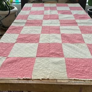 All Hand Stitched Hand Quilted Coverlet 80 x 62" Pink and White Floral Checked